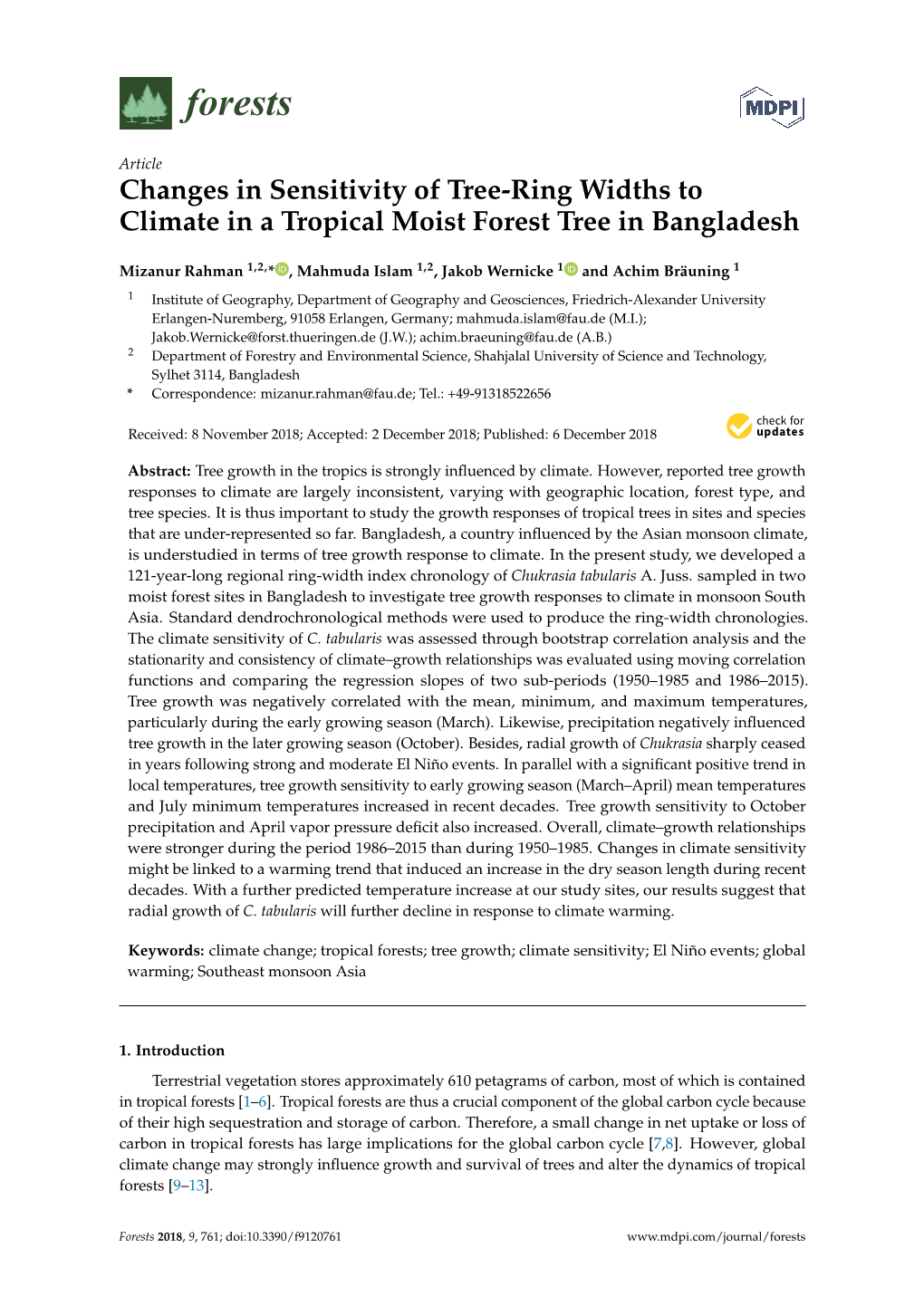 Changes in Sensitivity of Tree-Ring Widths to Climate in a Tropical Moist Forest Tree in Bangladesh