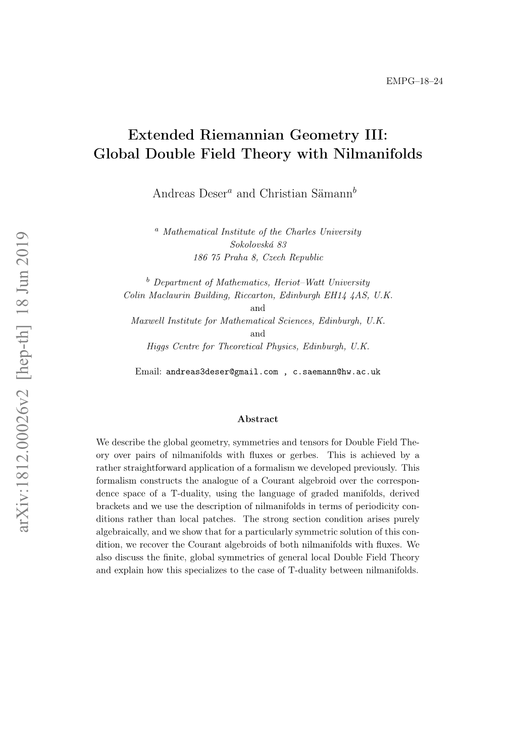 Extended Riemannian Geometry III: Global Double Field Theory with Nilmanifolds