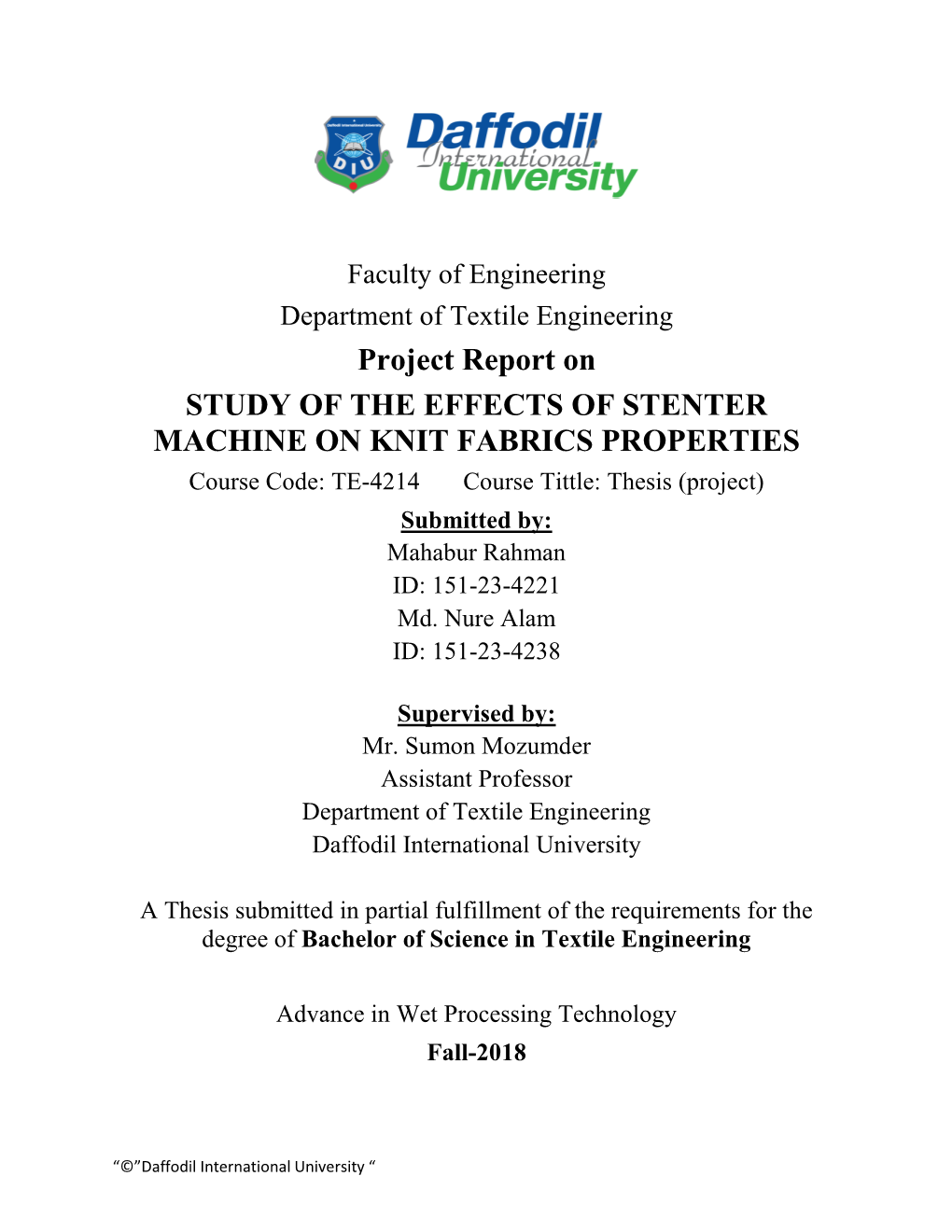 Project Report on STUDY of the EFFECTS of STENTER MACHINE