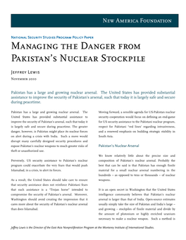 Managing the Danger from Pakistan's Nuclear Stockpile