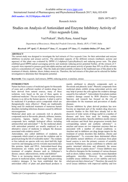 Studies on Analysis of Antioxidant and Enzyme Inhibitory Activity of Vitex Negundo Linn