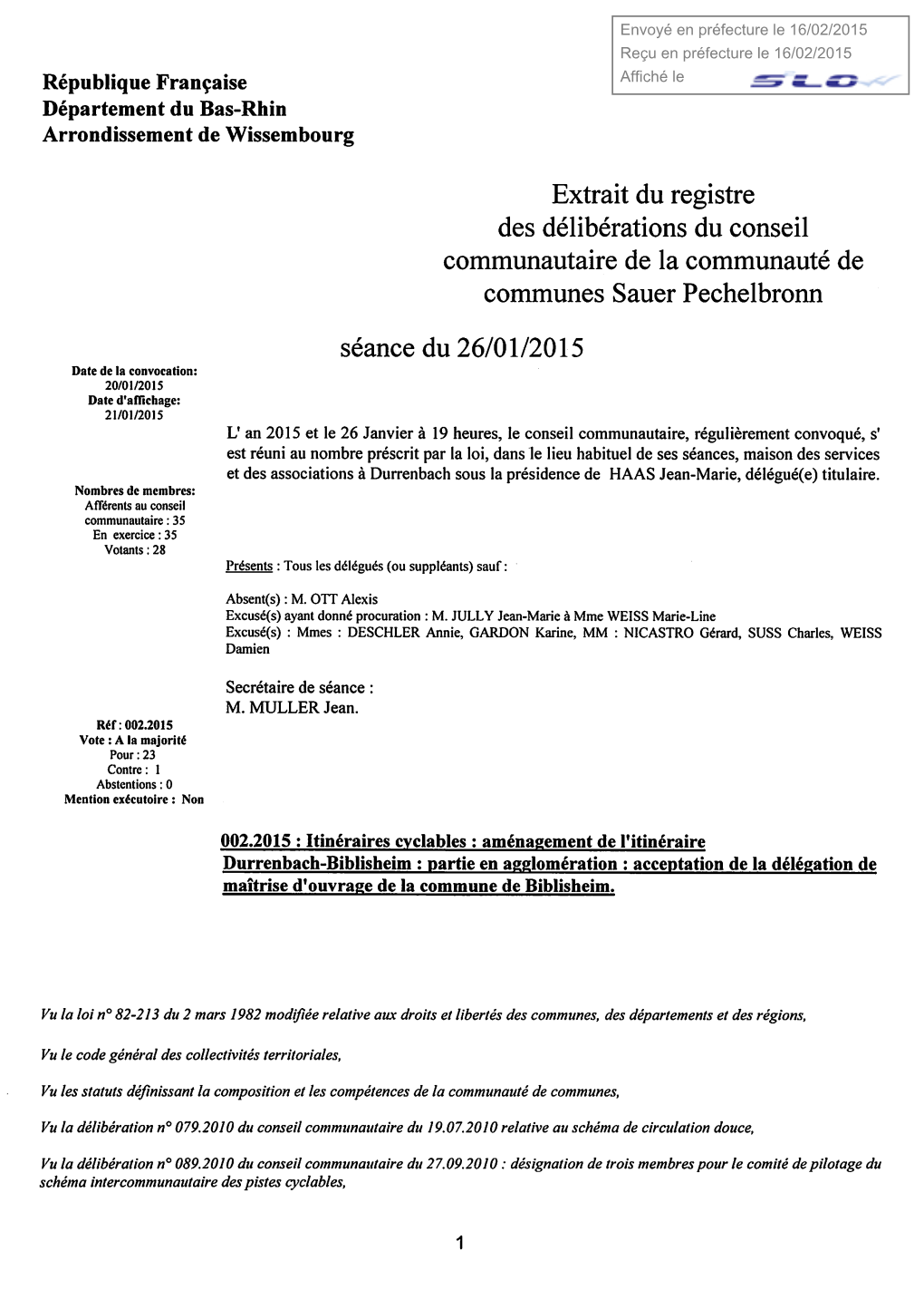 Extrait Du Registre Des Délibérations Du Conseil Communautaire De La Communauté De Communes Sauer Pechelbronn