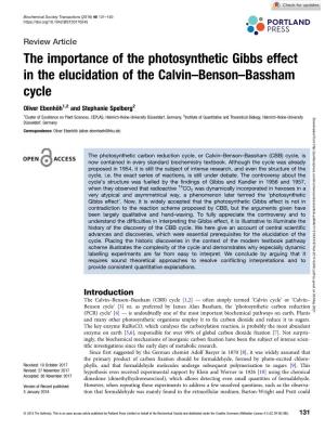 The Importance of the Photosynthetic Gibbs Effect in the Elucidation of the Calvin–Benson–Bassham Cycle