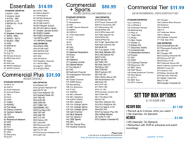 Commercial Plus $31.99 Essentials $14.99 Commercial $86.99 + Sports Commercial Tier $11.99