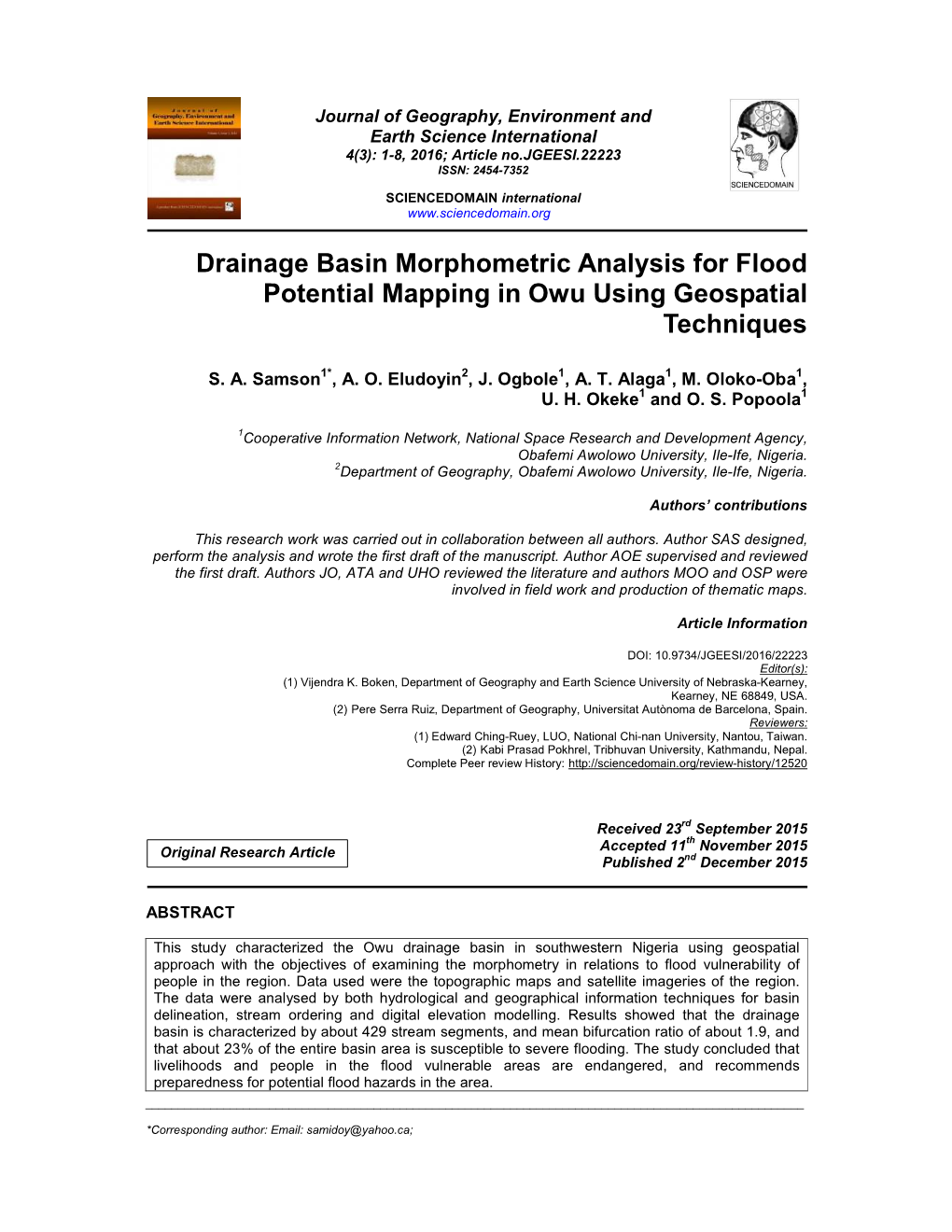 Drainage Basin Morphometric Analysis for Flood Potential Mapping in Owu Using Geospatial Techniques