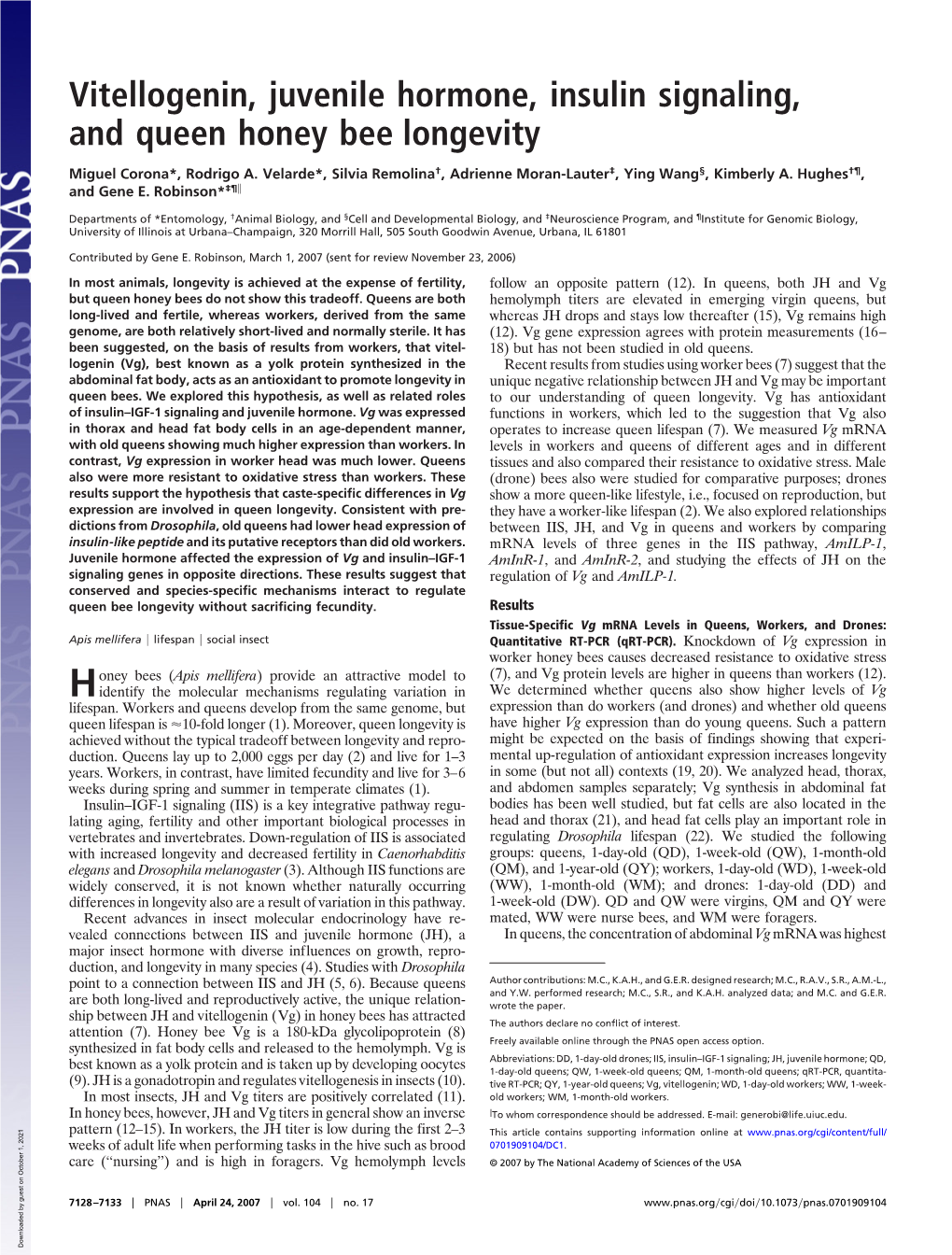 Vitellogenin, Juvenile Hormone, Insulin Signaling, and Queen Honey Bee Longevity