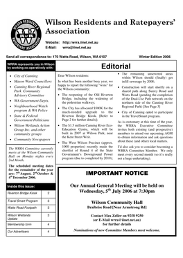 Wilson Residents and Ratepayers' Association Editorial