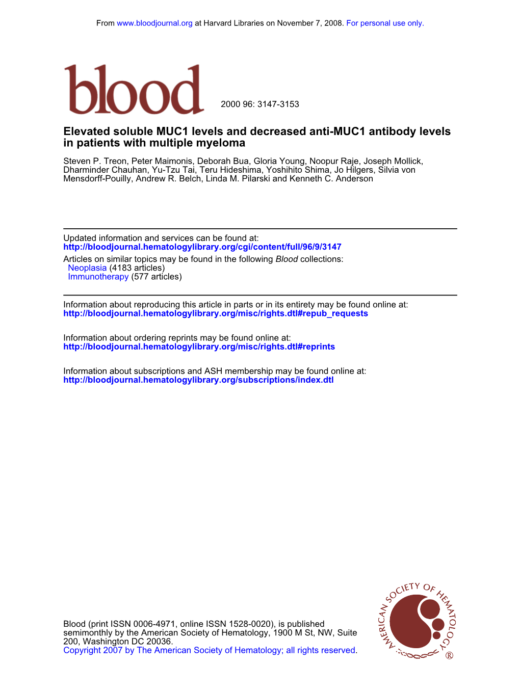 In Patients with Multiple Myeloma Elevated Soluble MUC1 Levels And