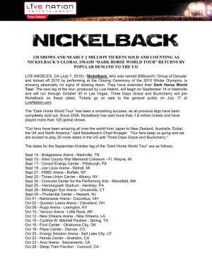 120 Shows and Nearly 2 Million Tickets Sold and Counting As Nickelback's Global Smash “Dark Horse World Tour” Returns by P