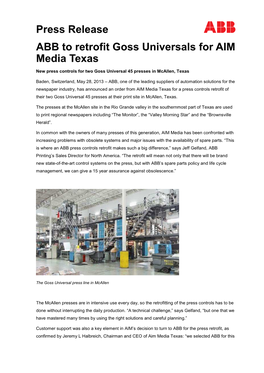 Press Release ABB to Retrofit Goss Universals for AIM Media Texas