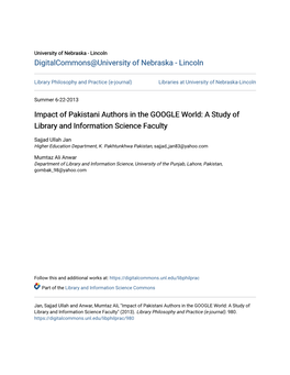 Impact of Pakistani Authors in the GOOGLE World: a Study of Library and Information Science Faculty