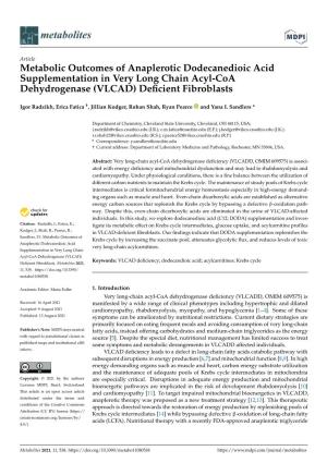 Metabolic Outcomes of Anaplerotic Dodecanedioic Acid Supplementation in Very Long Chain Acyl-Coa Dehydrogenase (VLCAD) Deﬁcient Fibroblasts
