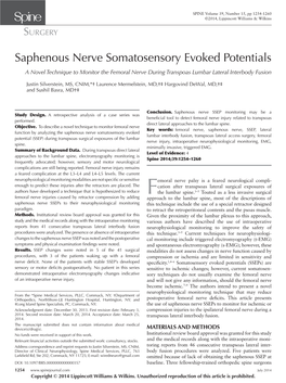Saphenous Nerve Somatosensory Evoked Potentials a Novel Technique to Monitor the Femoral Nerve During Transpoas Lumbar Lateral Interbody Fusion