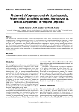First Record of Corynosoma Australe (Acanthocephala, Polymorphidae) Parasitizing Seahorse, Hippocampus Sp