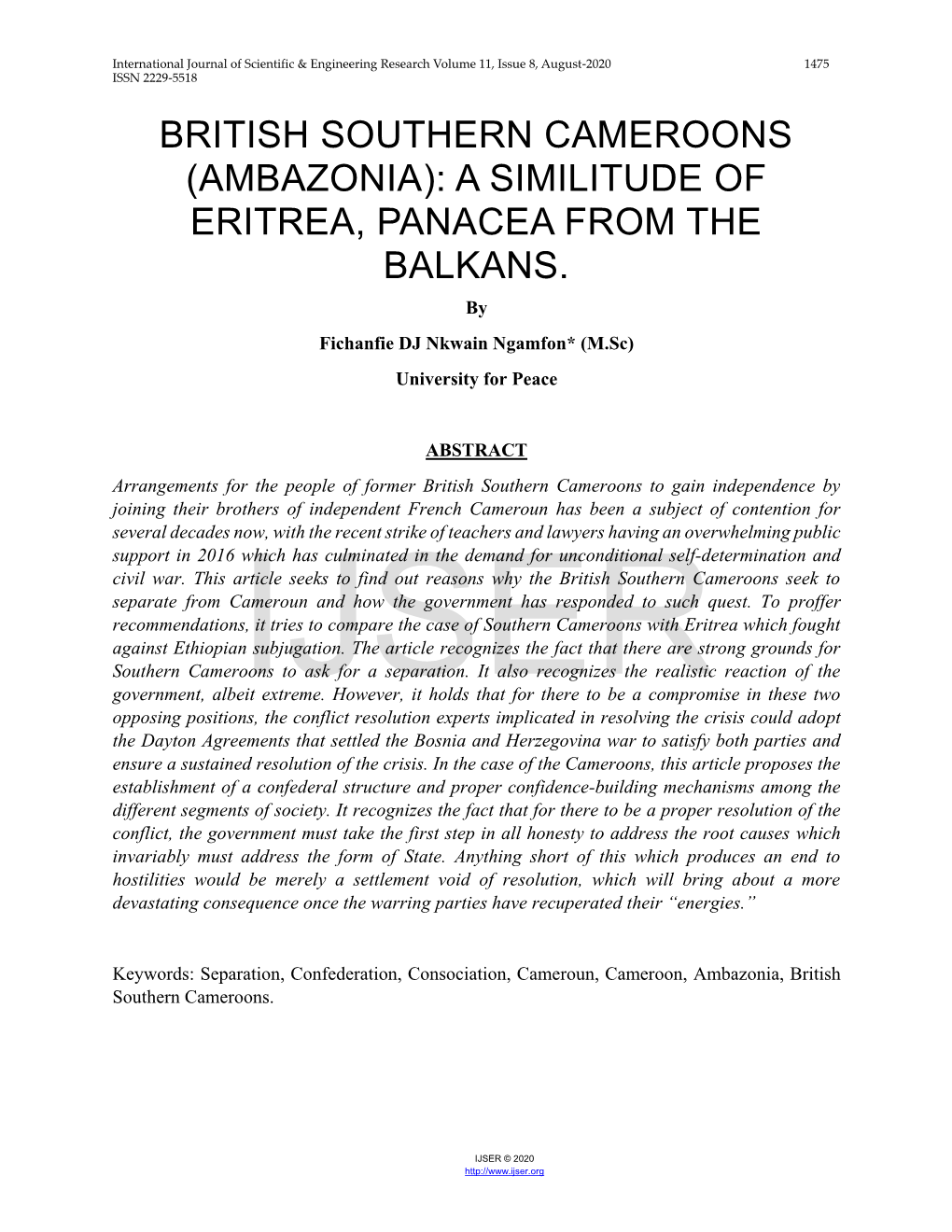 British Southern Cameroons (Ambazonia): a Similitude of Eritrea, Panacea from the Balkans