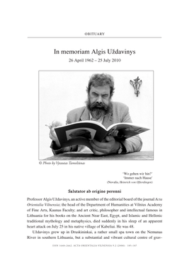 In Memoriam Algis Uždavinys 26 April 1962 – 25 July 2010