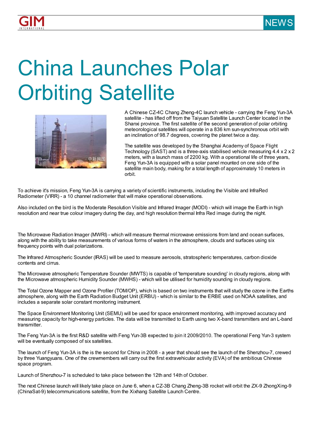 China Launches Polar Orbiting Satellite