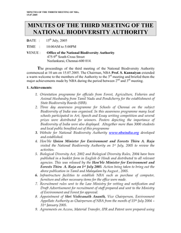 Minutes of the Third Meeting of the National Biodiversity Authority