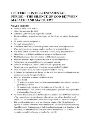 Lecture 1: Inter-Testamental Period—The Silence of God Between Malachi and Matthew?