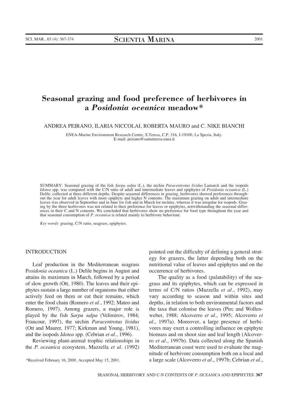 Seasonal Grazing and Food Preference of Herbivores in a Posidonia Oceanica Meadow*