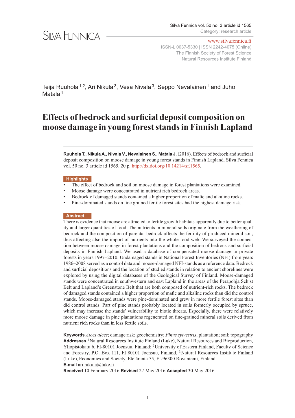 Effects of Bedrock and Surficial Deposit Composition on Moose Damage in Young Forest Stands in Finnish Lapland