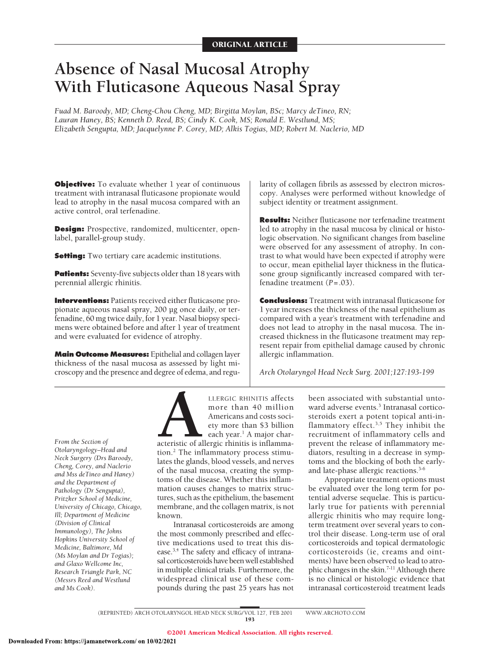 Absence of Nasal Mucosal Atrophy with Fluticasone Aqueous Nasal Spray