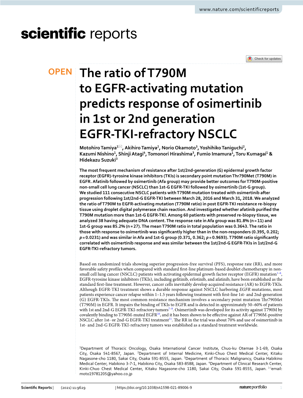 The Ratio of T790M to EGFR-Activating Mutation Predicts Response of Osimertinib in 1St Or 2Nd Generation EGFR-TKI-Refractory