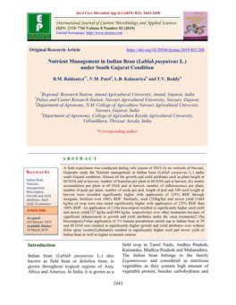 Nutrient Management in Indian Bean (Lablab Purpureus L.) Under South Gujarat Condition