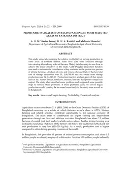 Profitability Analysis of Bagda Farming in Some Selected Areas of Satkhira District