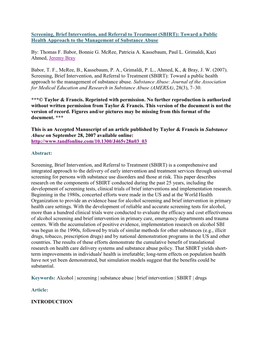 Screening, Brief Intervention, and Referral to Treatment (SBIRT): Toward a Public Health Approach to the Management of Substance Abuse