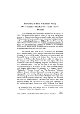 Domesticity in Liam Wilkinson's Poetry Dr. Mohammad Sayed Abdel-Moneim Sharaf1 Abstract