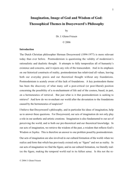 Imagination, Image of God and Wisdom of God: Theosophical Themes in Dooyeweerd’S Philosophy