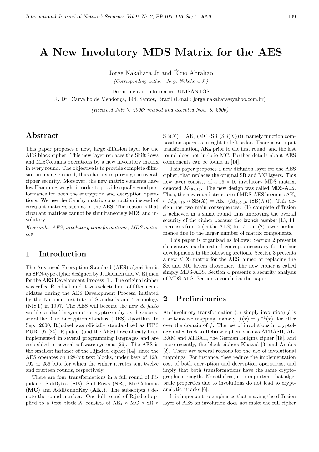 A New Involutory MDS Matrix for the AES