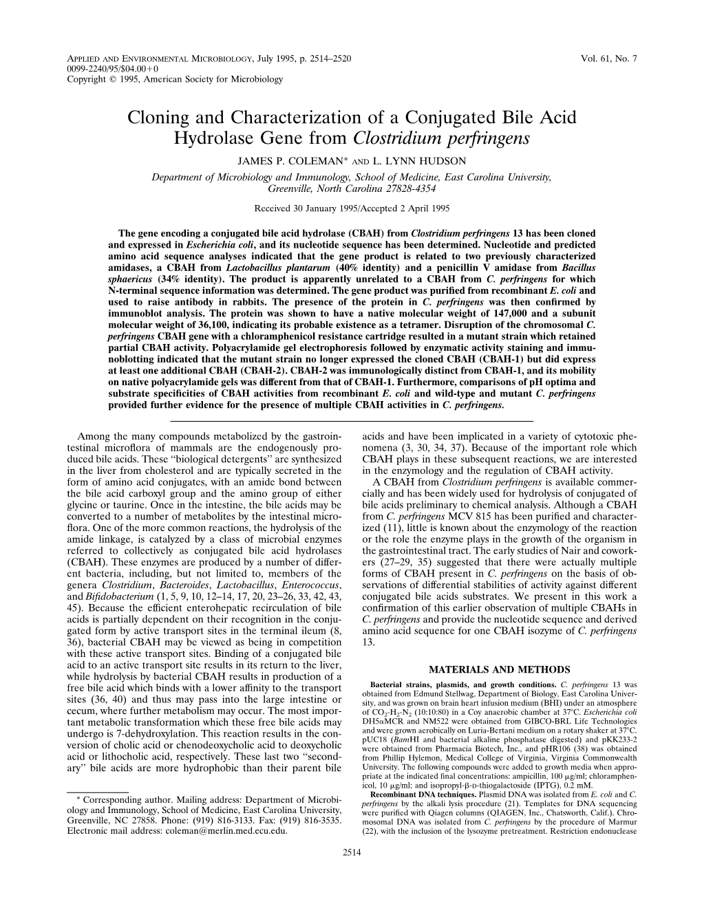 Cloning and Characterization of a Conjugated Bile Acid Hydrolase Gene from Clostridium Perfringens