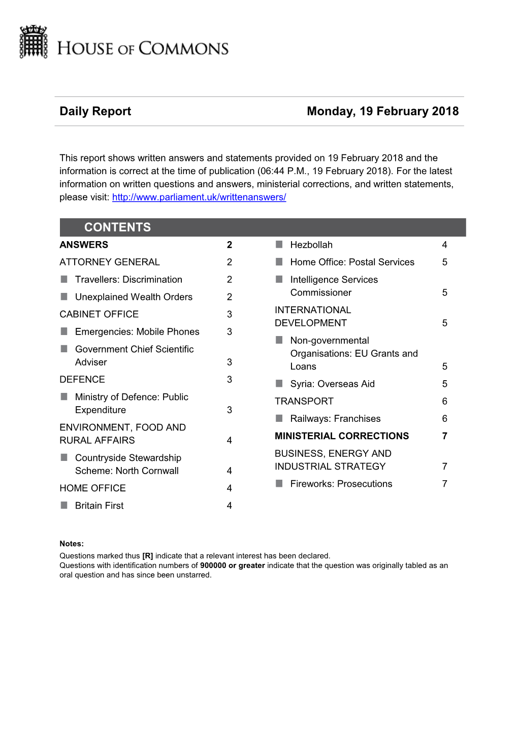 Daily Report Monday, 19 February 2018 CONTENTS