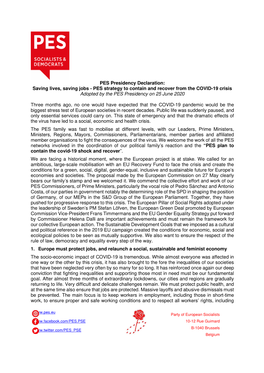 PES Presidency Declaration: Saving Lives, Saving Jobs - PES Strategy to Contain and Recover from the COVID-19 Crisis Adopted by the PES Presidency on 25 June 2020