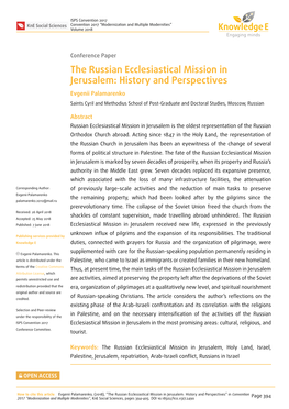 The Russian Ecclesiastical Mission in Jerusalem: History and Perspectives