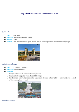 Important Monuments and Places of India