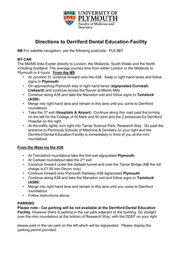 Directions to Derriford Dental Education Facility