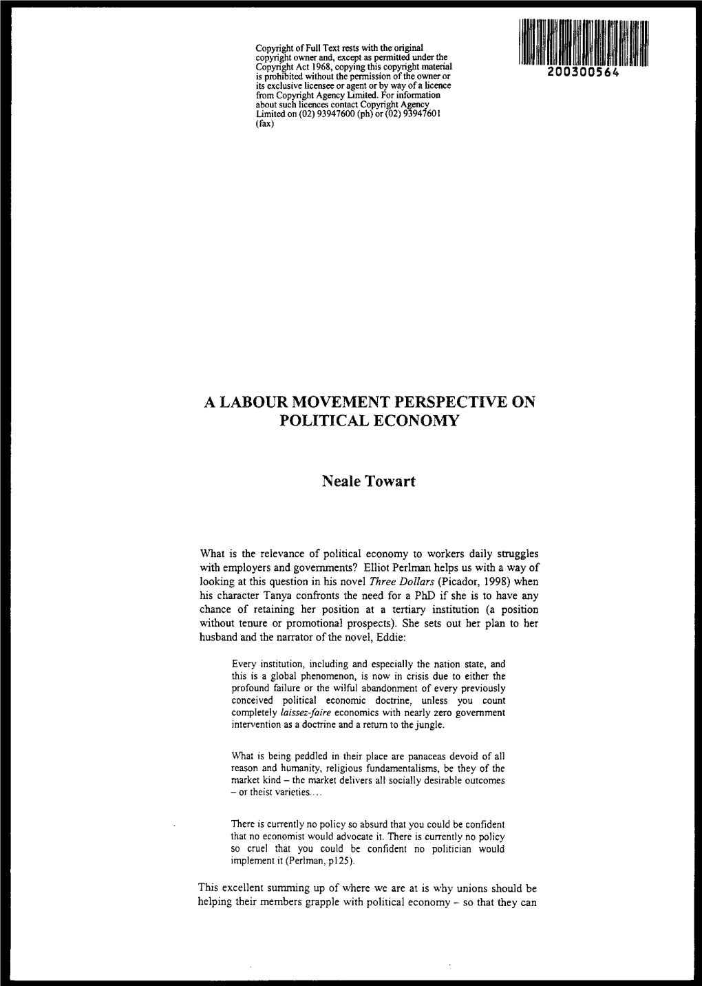 Neale Towart: a Labour Movement Perspective on Political Economy