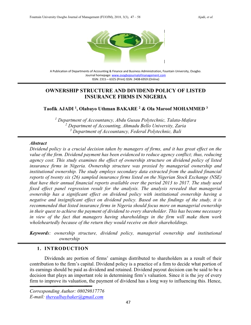 Ownership Structure and Dividend Policy of Listed Insurance Firms in Nigeria