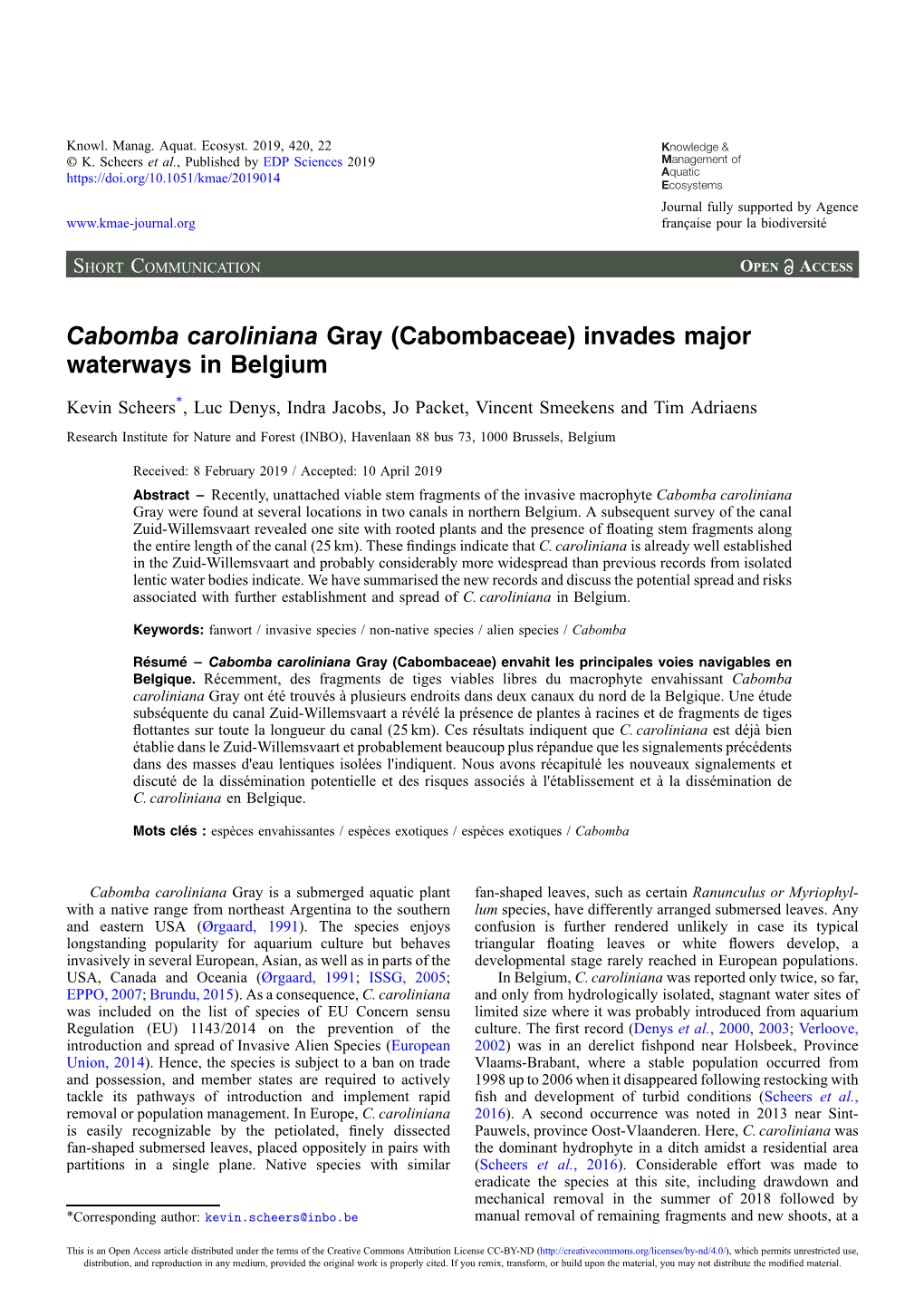 Cabomba Caroliniana Gray (Cabombaceae) Invades Major Waterways in Belgium