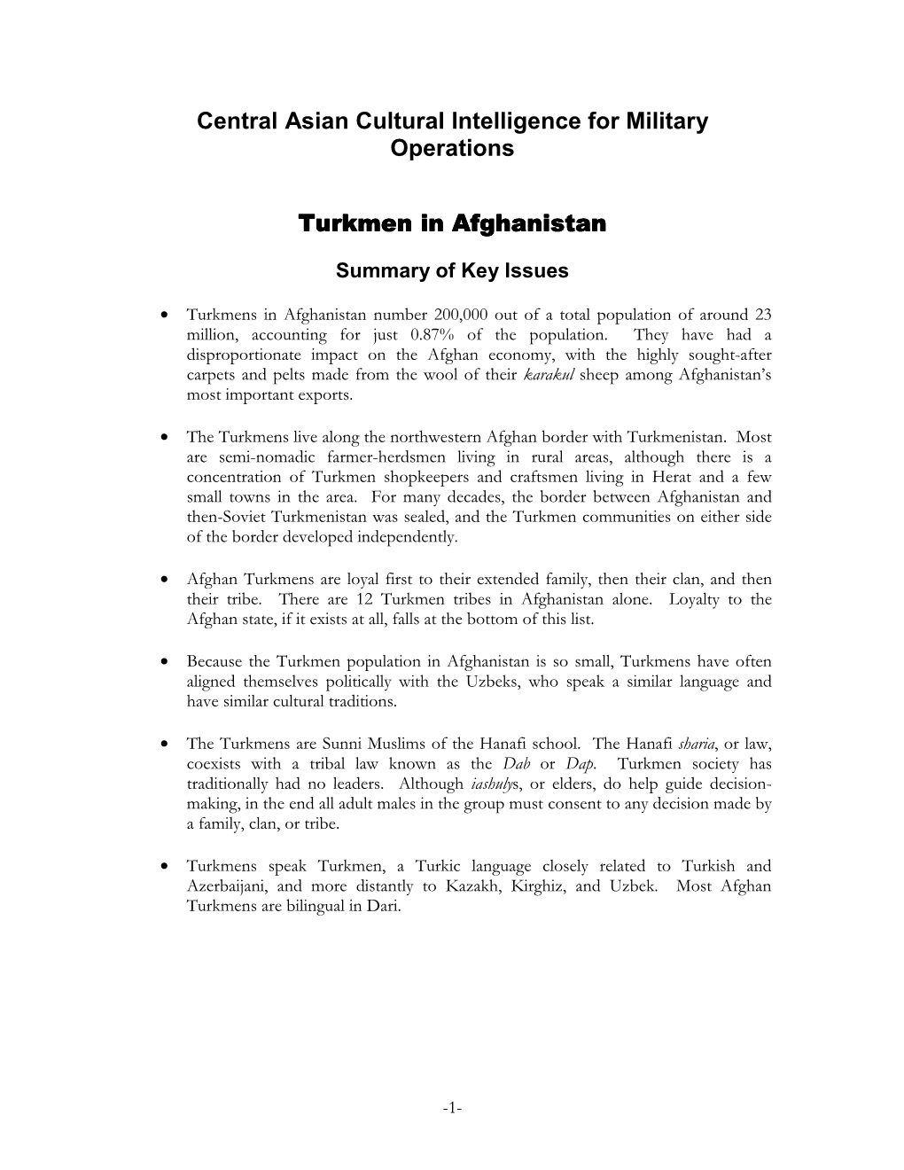 Central Asian Cultural Intelligence for Military Operations Turkmen in Afghanistan Turkmen in Afghanistan