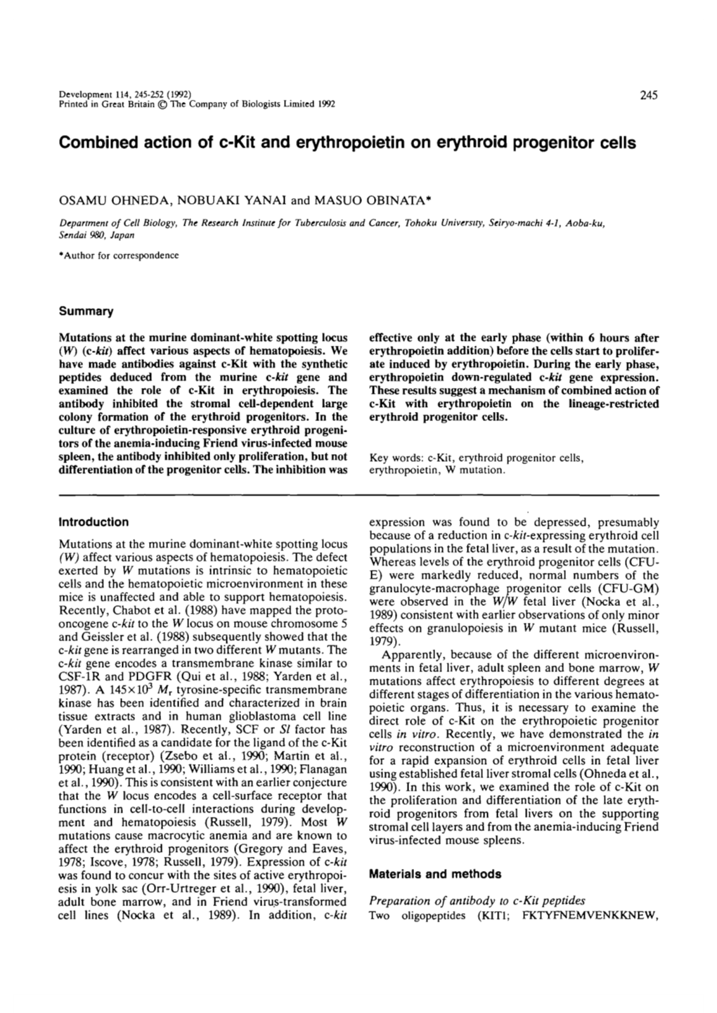 Combined Action of C-Kit and Erythropoietin on Erythroid Progenitor Cells