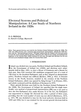Electoral Systems and Political Manipulation: a Case Study of Northern Ireland in the 1920S