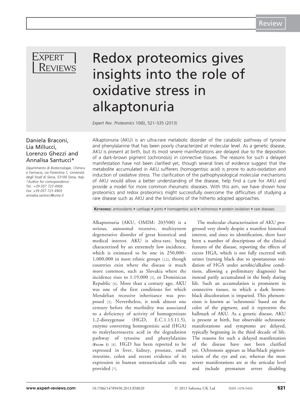 Redox Proteomics Gives Insights Into the Role of Oxidative Stress in Alkaptonuria