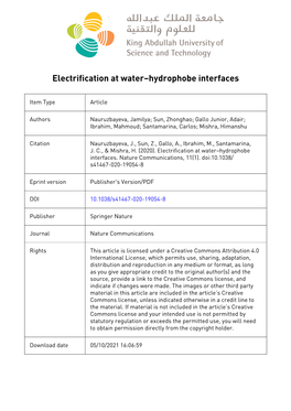 Electrification at Waterâ€“Hydrophobe Interfaces