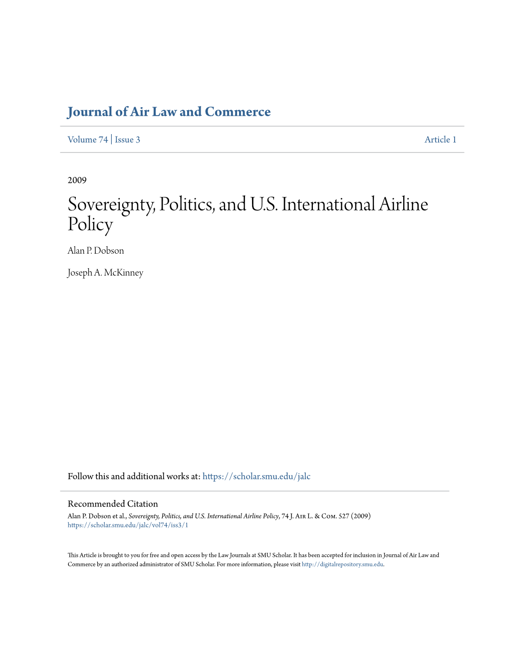 Sovereignty, Politics, and U.S. International Airline Policy Alan P