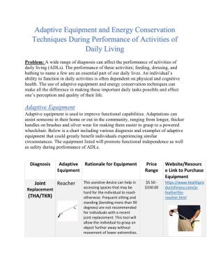 Adaptive Equipment and Energy Conservation Techniques During Performance of Activities of Daily Living