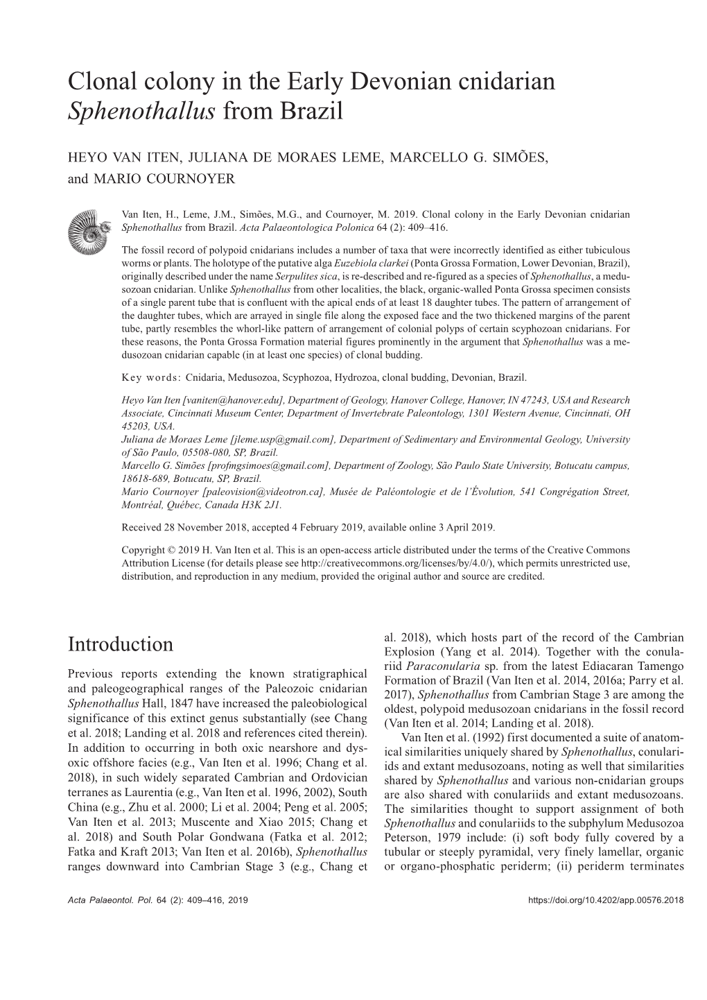 Clonal Colony in the Early Devonian Cnidarian Sphenothallus from Brazil